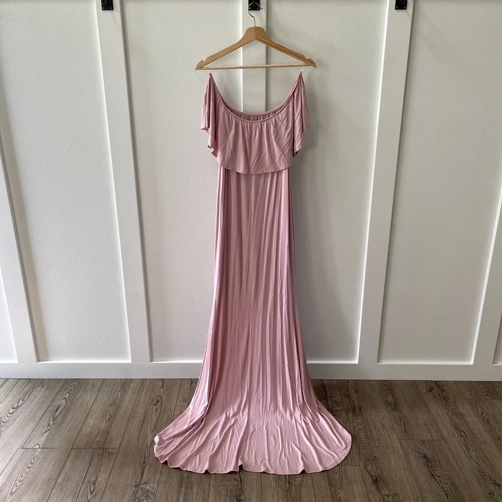 Pinkblush Light Pink Ruffle Off Shoulder Mermaid Maternity Photoshoot Dress - Picture 4 of 5